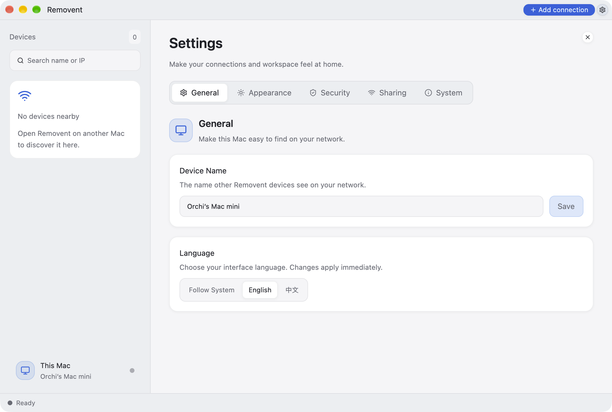The Removent settings window, with device discovery, General settings, and language controls.